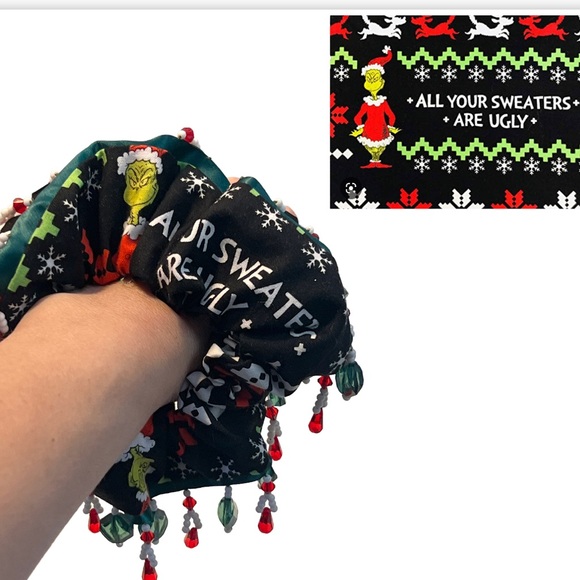Christmas Grinch Scrunchie, Hair Accessory |Handmade Gift, Hair Tie, glass beads - Picture 4 of 14